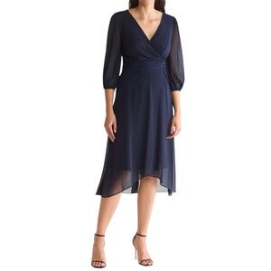 DKNY Size 8 Dress Navy Blue Faux Wrap Cascading Midi
